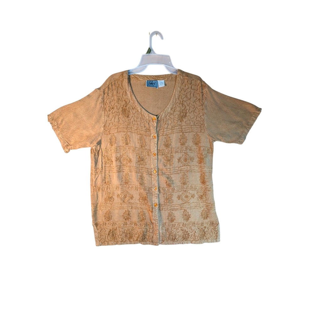 Vintage 90s Select Embroidered Button Down Shirt Blouse Beige Tan Khaki XL Rayon
